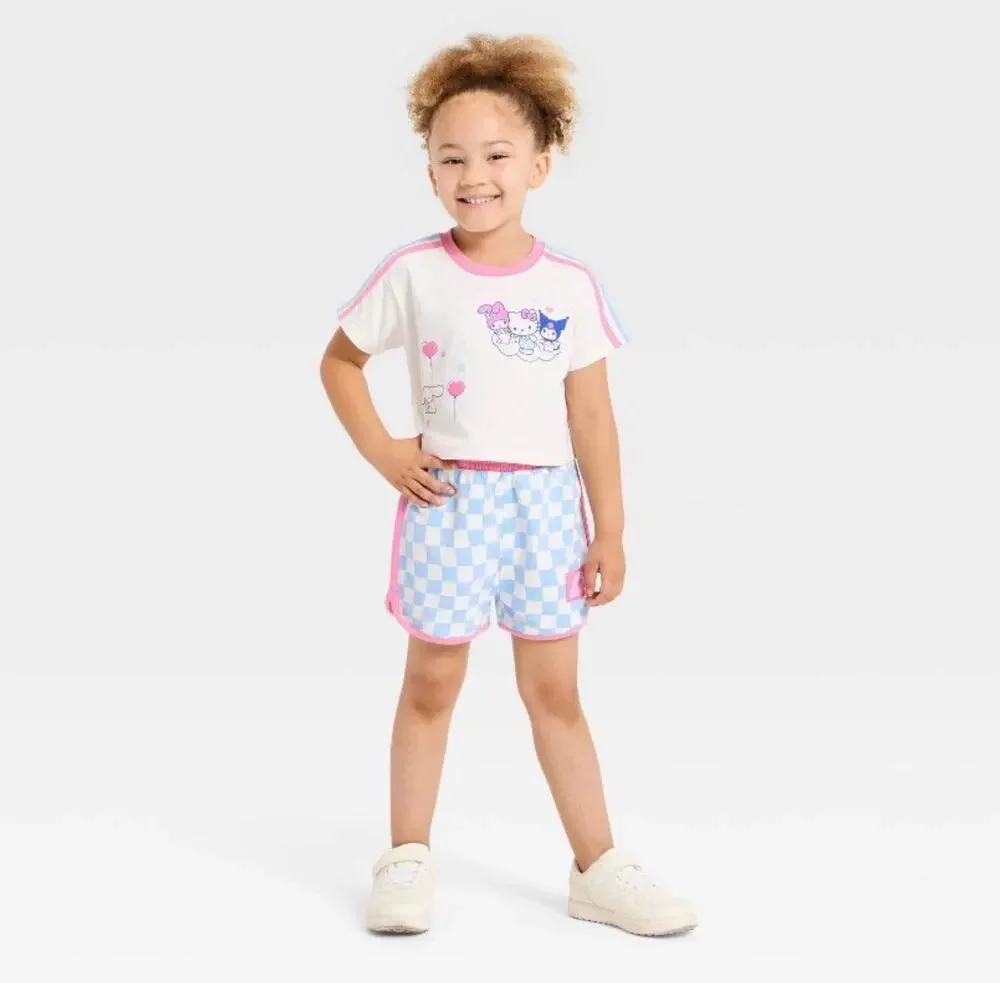 Hello Kitty Toddler Girls 2-Piece T-Shirt & Checker Shorts Set White Size 2T NWT